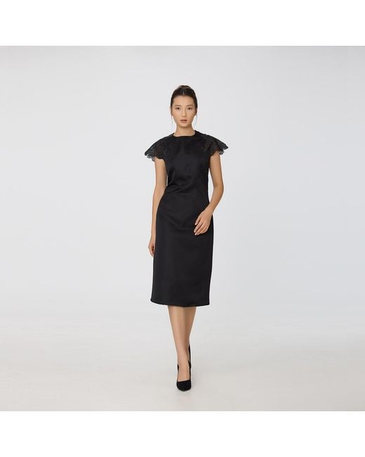Smart and Joy Black Satin Shoulder Lace Inlay Dress
