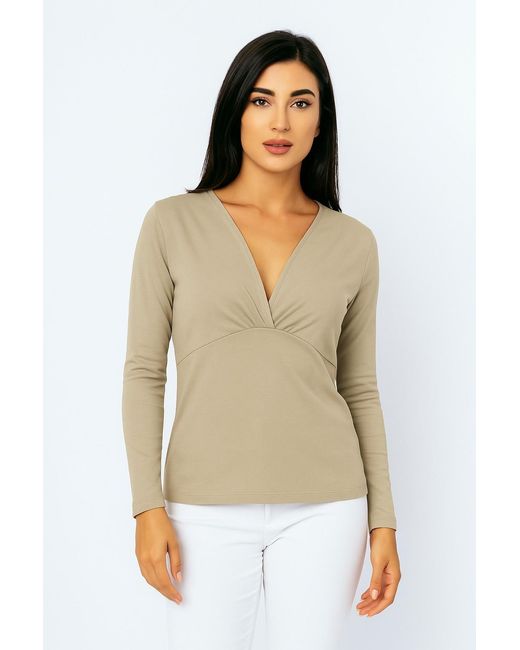 Conquista Gray Neutrals Sand Long Sleeve Faux Wrap Top