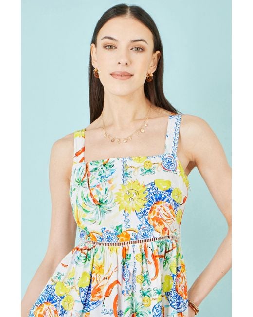 Yumi' White Mediterranean Print Cotton Midi Sun Dress