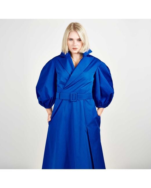 Femponiq Blue 'Wide Lapel Asymmetric Belted Midi Cotton Dress