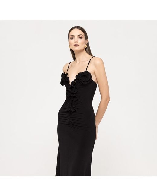 Nissa Black Floral-Applique Jersey Midi Dress
