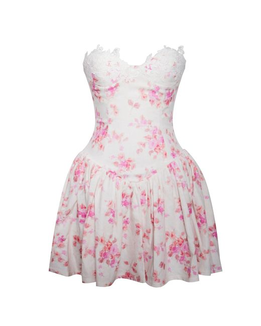 Miss Circle New York Pink Samara Floral Drop Waist Linen Corset Puffy Mini Dress