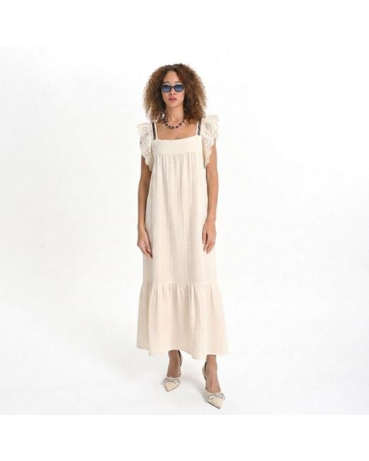 Lalipop Design Natural Neutrals Soft Cream Muslin Ruffled Sleeve Midi Dress