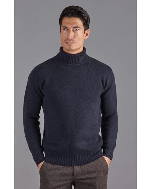 Paul James Knitwear Blue Merino Alessandro Cashmere Submariner Roll Neck Jumper for men