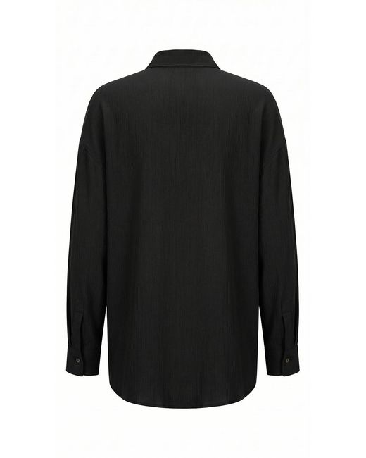 Exquise Black Collared Long Sleeve Embroidered Crinkle Shirt