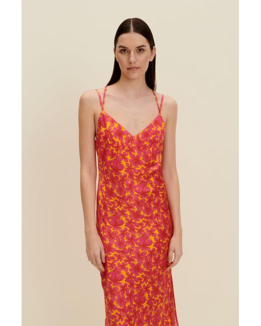 JAAF Red Silk-satin Slip Dress In Hibiscus Print