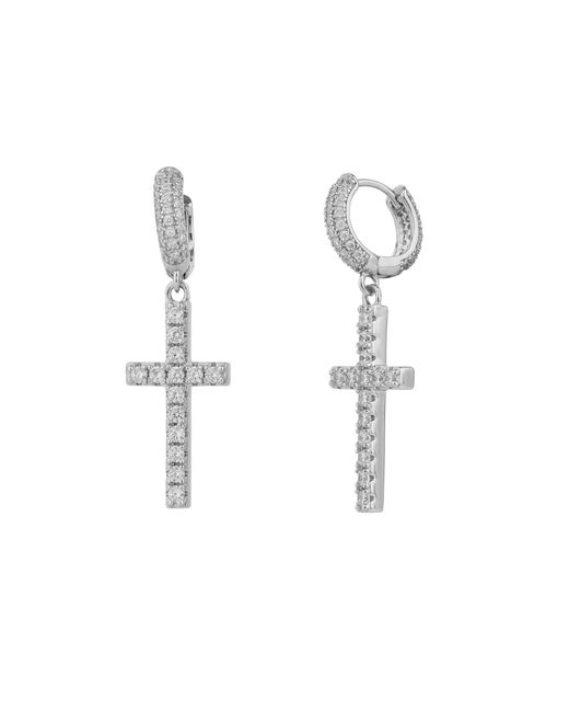 Spero London Metallic Full Pave Cross Sterling Drop Hoop Earring