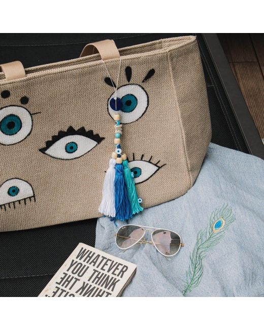 Casa Duniya Natural Neutrals Corfu Hand-Painted Evil Eye Canvas Tote Bag With Tassels
