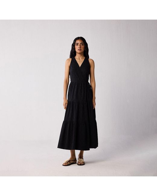 REISTOR Women's Black Sleeveless Embroidered Wrap Dress With Tiers