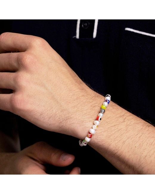 Nialaya Blue Pearl Wristband With Hand-Painted Glass Beads for men