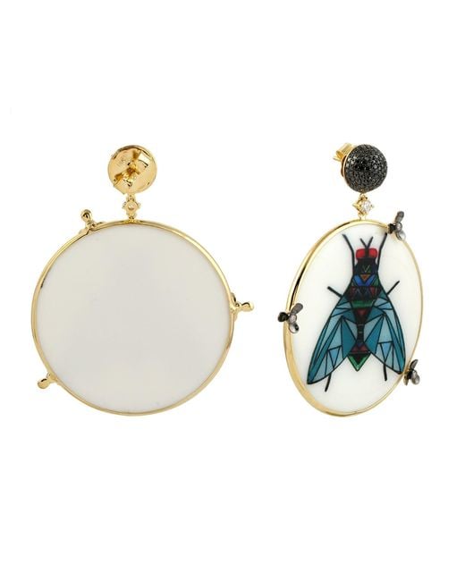 Artisan Blue 18k Yellow Gold Diamond Dangle Earrings Picture Enamel Jewelry