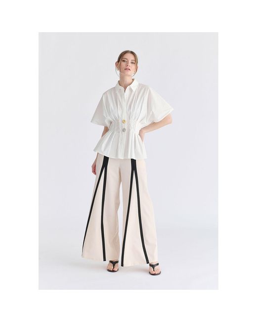 Paisie Natural Neutrals Contrast Detail Wide Leg Trousers