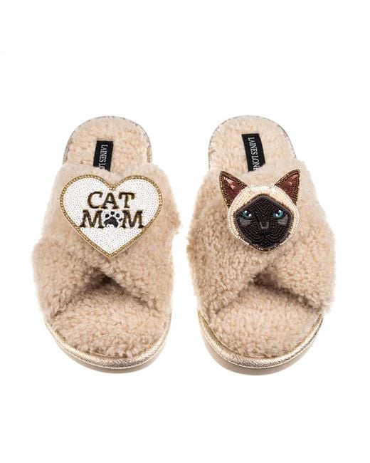 Laines London Natural Neutrals Boucle Slippers With Cat Mum/Mom & Siamese Cat Brooches