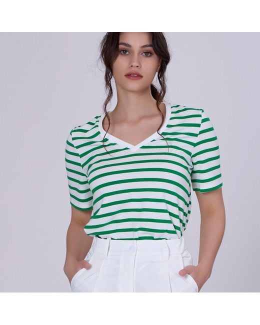 Smart and Joy Green V Neck Stripes Cotton T-Shirt