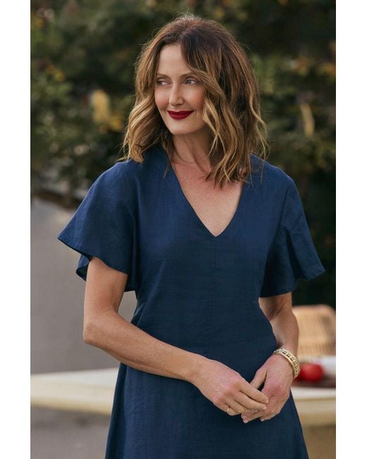 Adrift Clothing Blue Tatum Linen Flutter Sleeve Dress