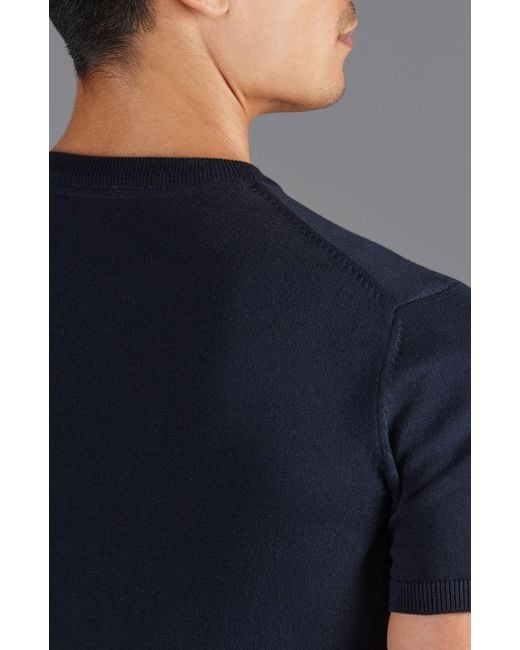 Paul James Knitwear Blue Midweight Julius Cotton Knitted T-Shirt for men