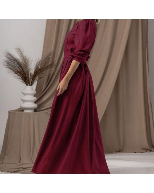 Nikka Place Red Long Linen Formal Dress With Bracelet Sleeves