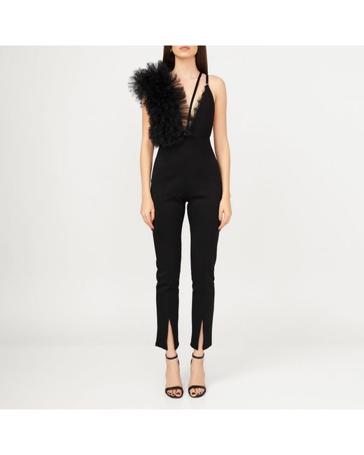 LIA ARAM Black Lace Asymmetric Ruffled Bodysuit