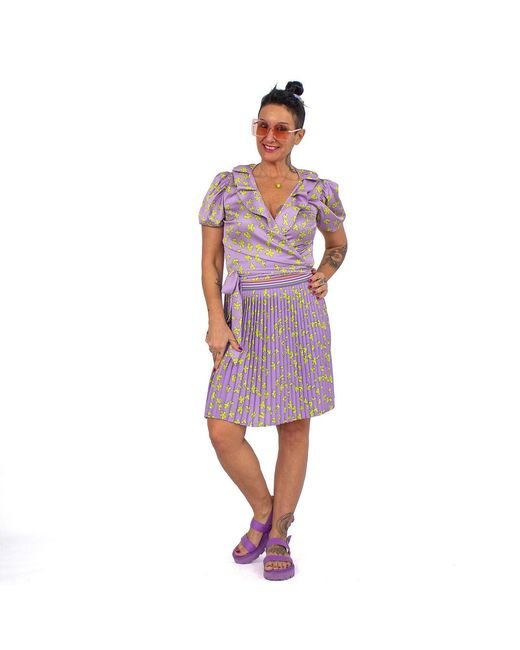 Lalipop Design Pink Lilac Floral Print Double-breasted Puff Sleeve Satin Blouse