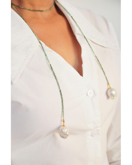 The Link Between Black Aurora Baroque Drop Emerald Open Ended Necklace Lariat
