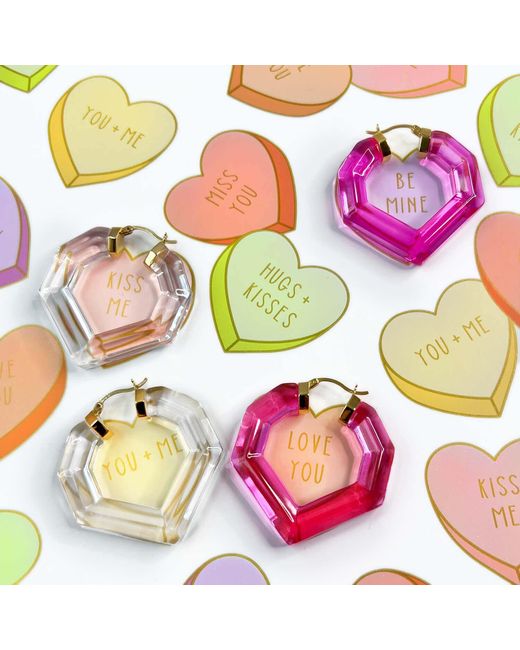 Gold & Honey Pink Heart Gemstone Lucite Hoop Earrings