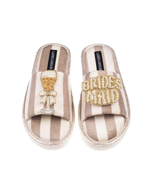 Laines London Multicolor Neutrals Flatform Stripe Open Toe Slippers With Bridesmaid Brooches
