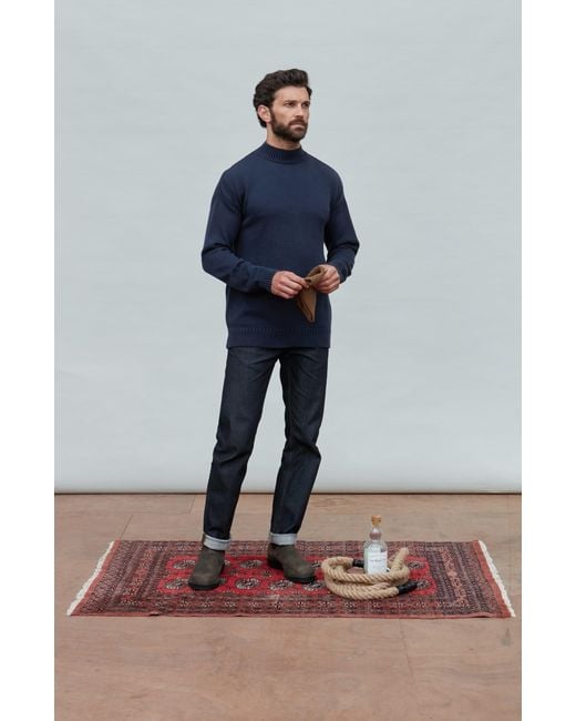 Paul James Knitwear Blue Midweight Cotton Linen Sark Mock Neck Gansey Jumper for men