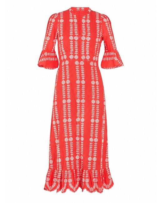 Rose & Nancy Cat Coral Embroidered Midi Dress
