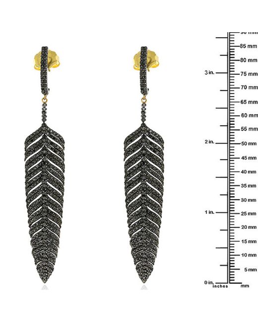 Artisan 14k Gold 925 Sterling Silver Black Diamond Feather Dangle Earrings