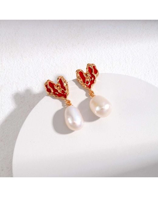 Angel Barocco Red Heart Drip Glaze Large Pearl Earrings