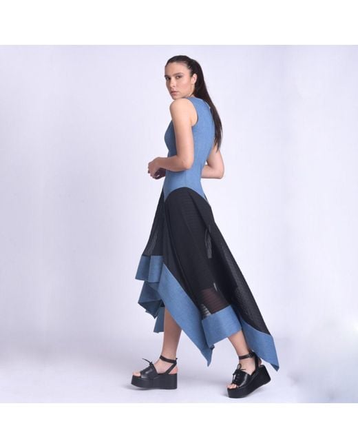 Metamorph Blue Asymmetric Denim Chiffon Dress