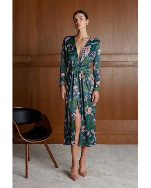 Undress Green Enora Floral Print Midi Dress With Deep V Neck