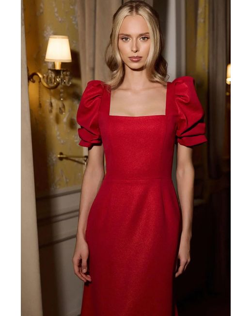 POST MERIDIEM Red Godet Silhouette Square Neck Midi Dress