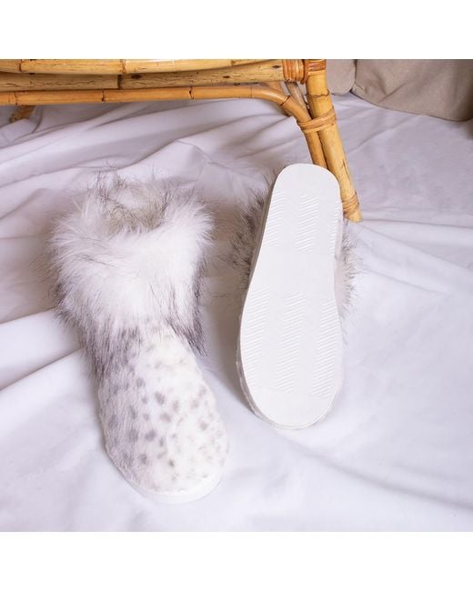 Pretty You London White Cosy Bootie Slipper Fern In Snow Leopard