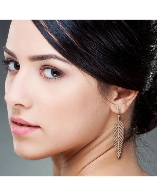 Artisan Metallic Natural Diamond Feather Dangle Earrings 18k Rose Gold Jewelry