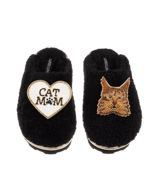 Laines London Black Teddy Closed Toe Slippers With Cat Mum/Mom & Maine Coon Cat Brooches