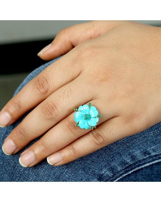 Artisan Blue Elegant Carving Flower Cocktail Rings 18k Yellow Gold Mix Stone Emerald Diamond