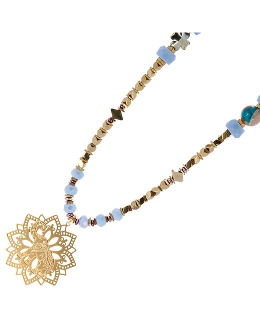 Ebru Jewelry Metallic Filigree Gold Lucky Elephant Pendant Hematite & Blue Beaded Necklace