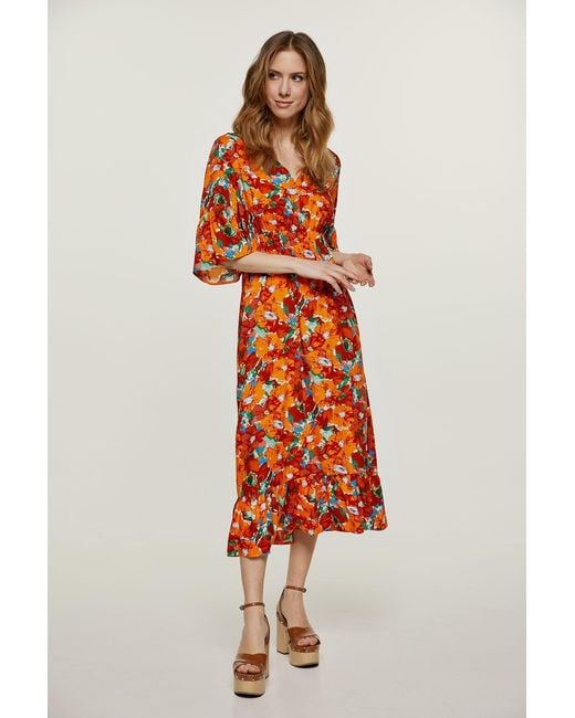 Conquista Orange Floral Ruffle Detail Midi Dress