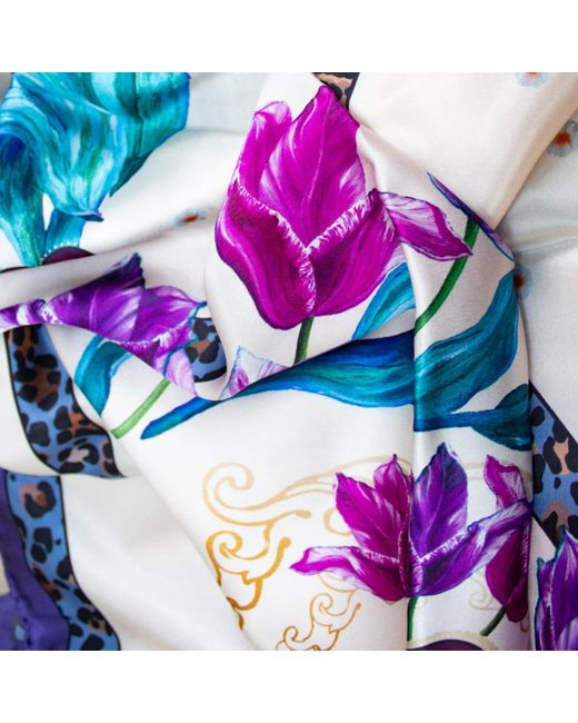 Lamberty Munich Blue Neutrals Spring Tulips Silk Scarf