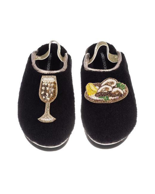 Laines London Black Flatform Cloud Closed Toe Slippers With Oysters & Glass Of Fizz Brooches