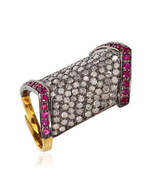Artisan Purple Ruby With Diamond Pave Art Deco Style Long Nail Ring In 18k Gold & Silver