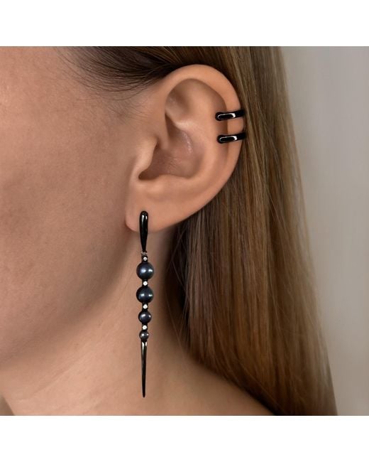 SALLY SKOUFIS Black Luna Alchemy Earrings With Natural Pearl & Made Cz Diamond Stimulant