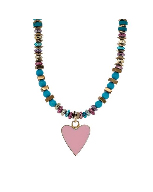 Ebru Jewelry Metallic Turquoise Pink Love Beaded Choker Necklace