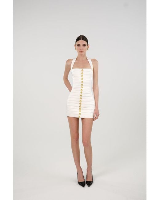 Nocturne White Halterneck Ruched Mini Dress With Button Detail