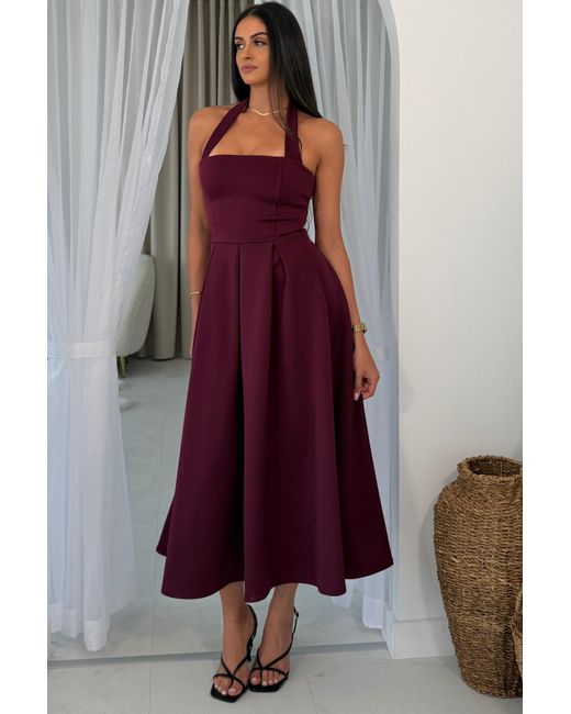 Girl In Mind Purple Briar Halterneck Pleated Skirt Midi Dress Plum