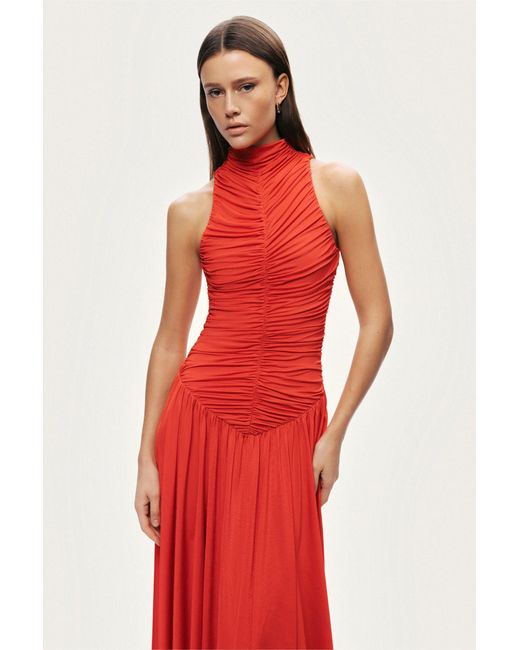 Nocturne Red Ruched High-Neck Maxi Dress
