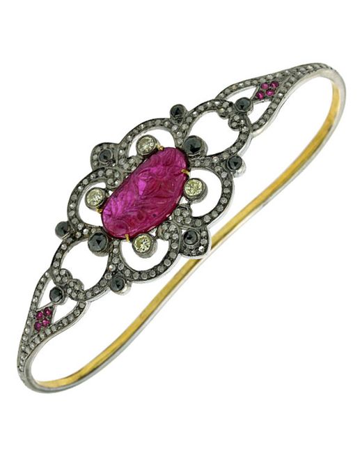 Artisan Multicolor Carved Oval Cut Ruby & Pave Diamond In 18k Gold With Silver Vintage Palm Bracelet