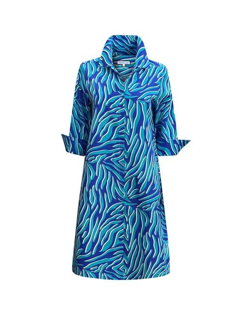 Perlavera Blue Misty Zebra Tranquil Three Quarter Sleeve Length Gathered Back Midi Dress