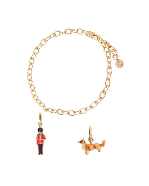Fable England Metallic Cable Chain Bracelet, Enamel King's Guard Charm, Enamel Corgi Charm